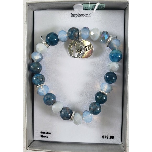 Genuine Stone BLUE STONE FAITH & CROSS HEART Charm Stretch Bracelet New in Box - Picture 1 of 9